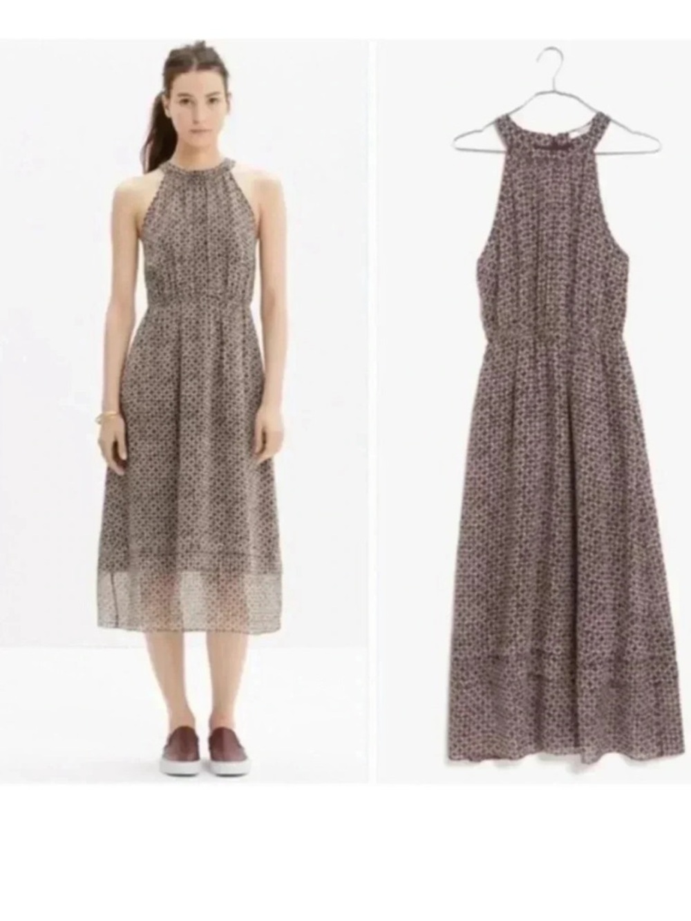 Madewell Sleeveless Midi Printed Halter Dress in Taupe